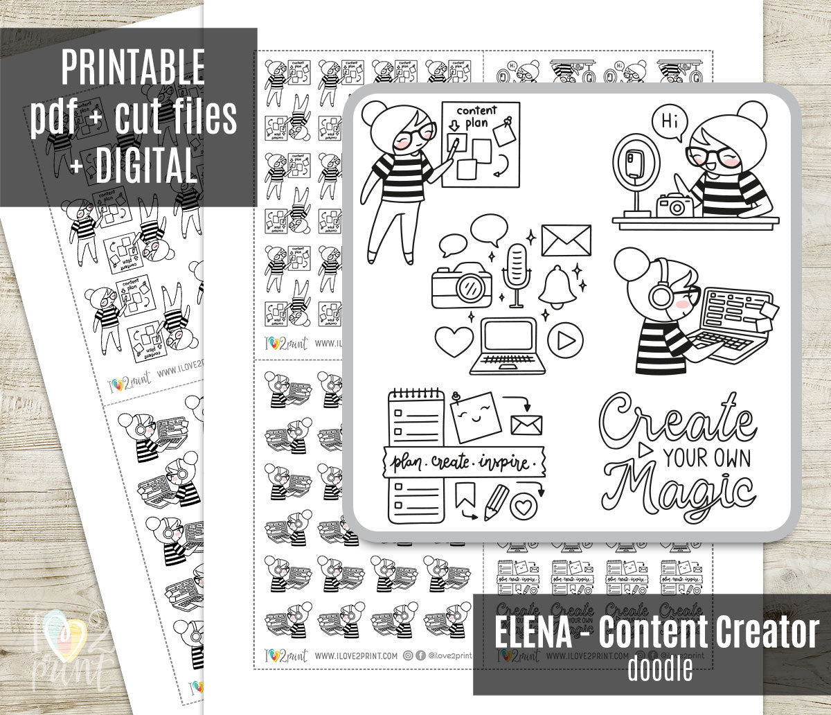 Elena Content Creator Doodle Printable Stickers | Outline Creator | 2 Sizes | PDF Cut Files
