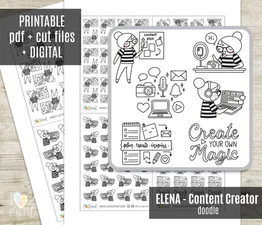 Elena Content Creator Doodle Printable Stickers | Outline Creator | 2 Sizes | PDF Cut Files