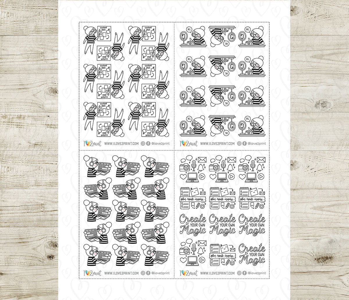 Elena Content Creator Doodle Printable Stickers | Outline Creator | 2 Sizes | PDF Cut Files