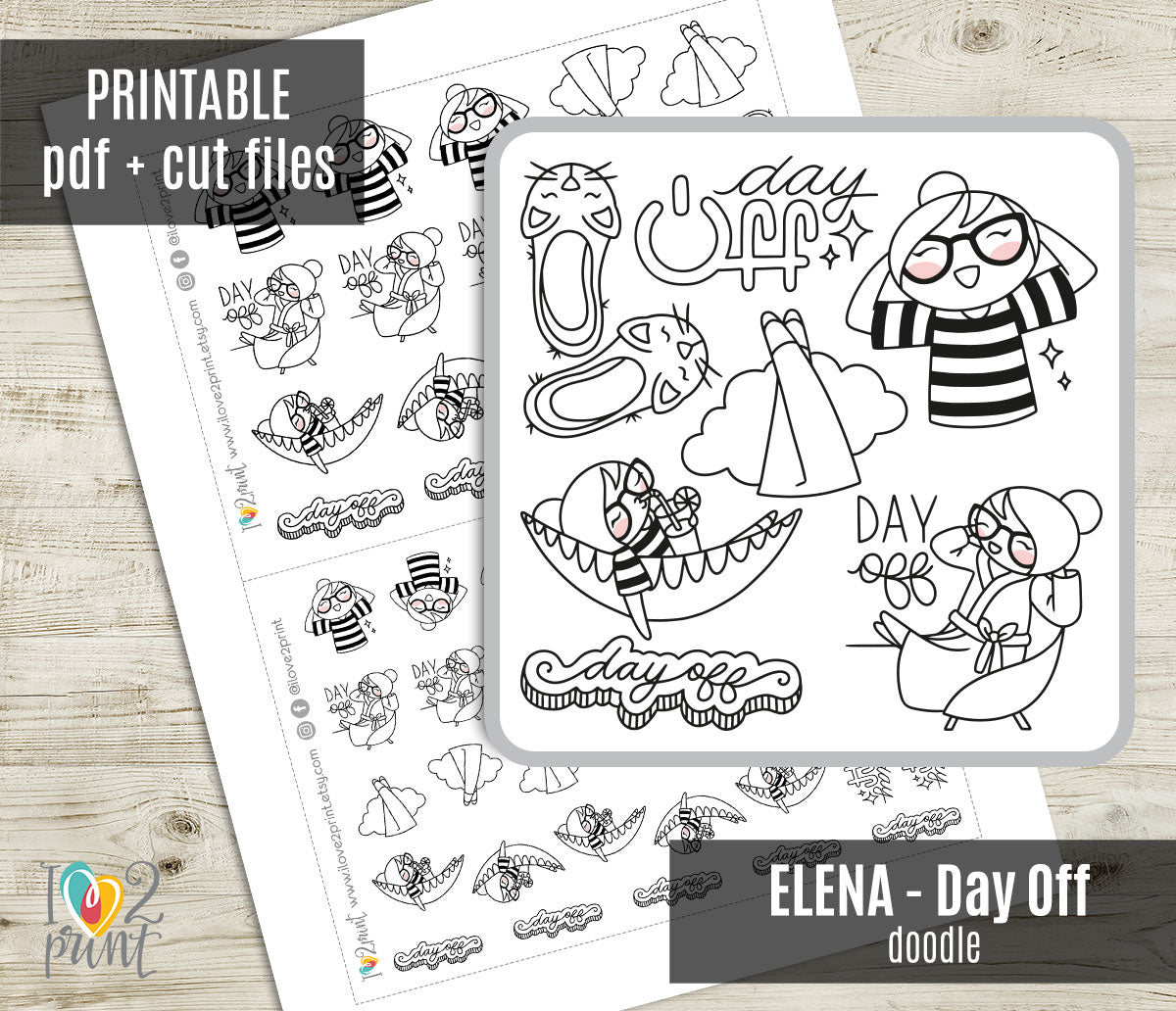 Elena Day Off – Doodle Printable Stickers (PDF + Cut Files)