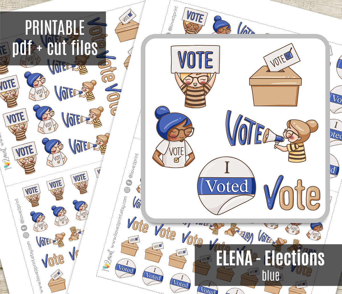 Elena Vote Blue Printable Stickers | 2 Skin Tones Civic | 2 Sizes | PDF Cut Files