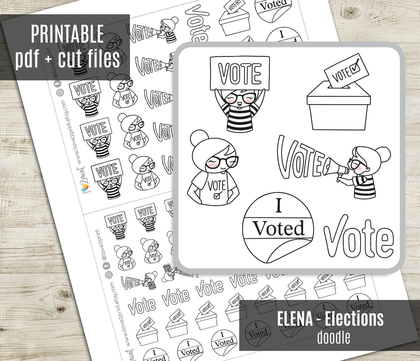 Elena Vote Doodle Printable Planner Stickers | Outline Civic | 2 Sizes | PDF Cut Files