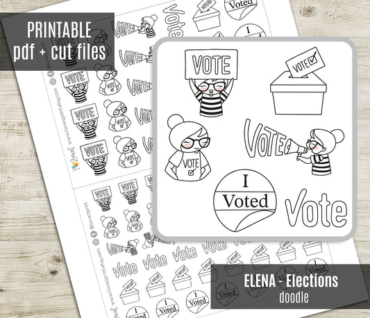 Elena Vote Doodle Printable Planner Stickers | Outline Civic | 2 Sizes | PDF Cut Files