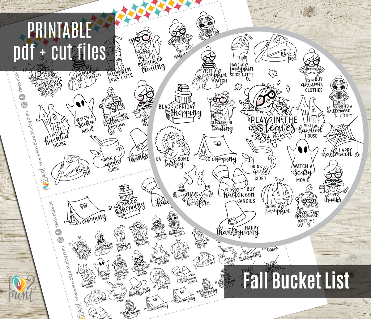 Elena Fall Bucket List Printable Stickers Outline | Color In | Criut and Silhouett Cut Files