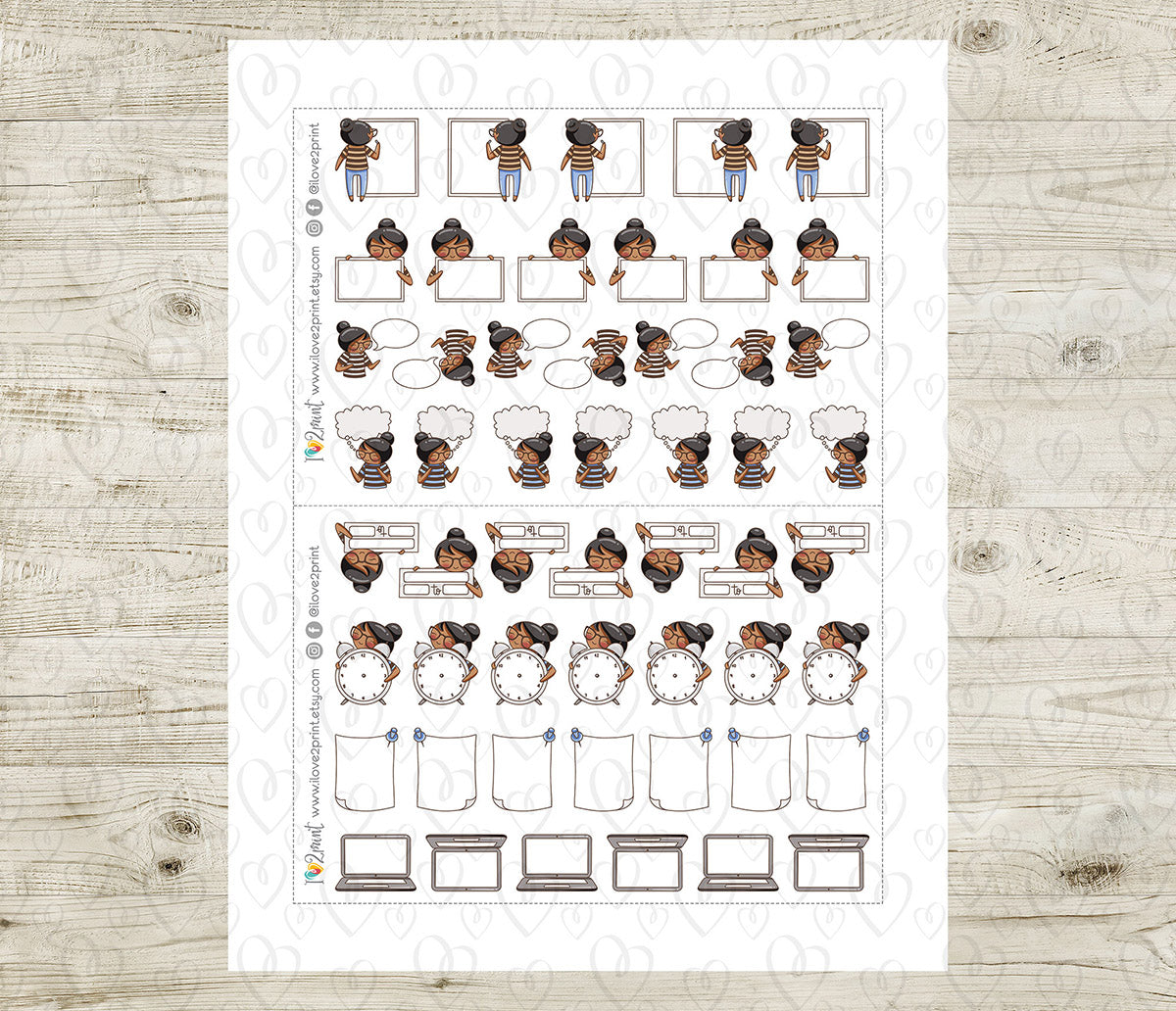 Elena Fill In Notes - Brown Skin & Black Hair Printable Planner Sticker - PDF & Cut Files
