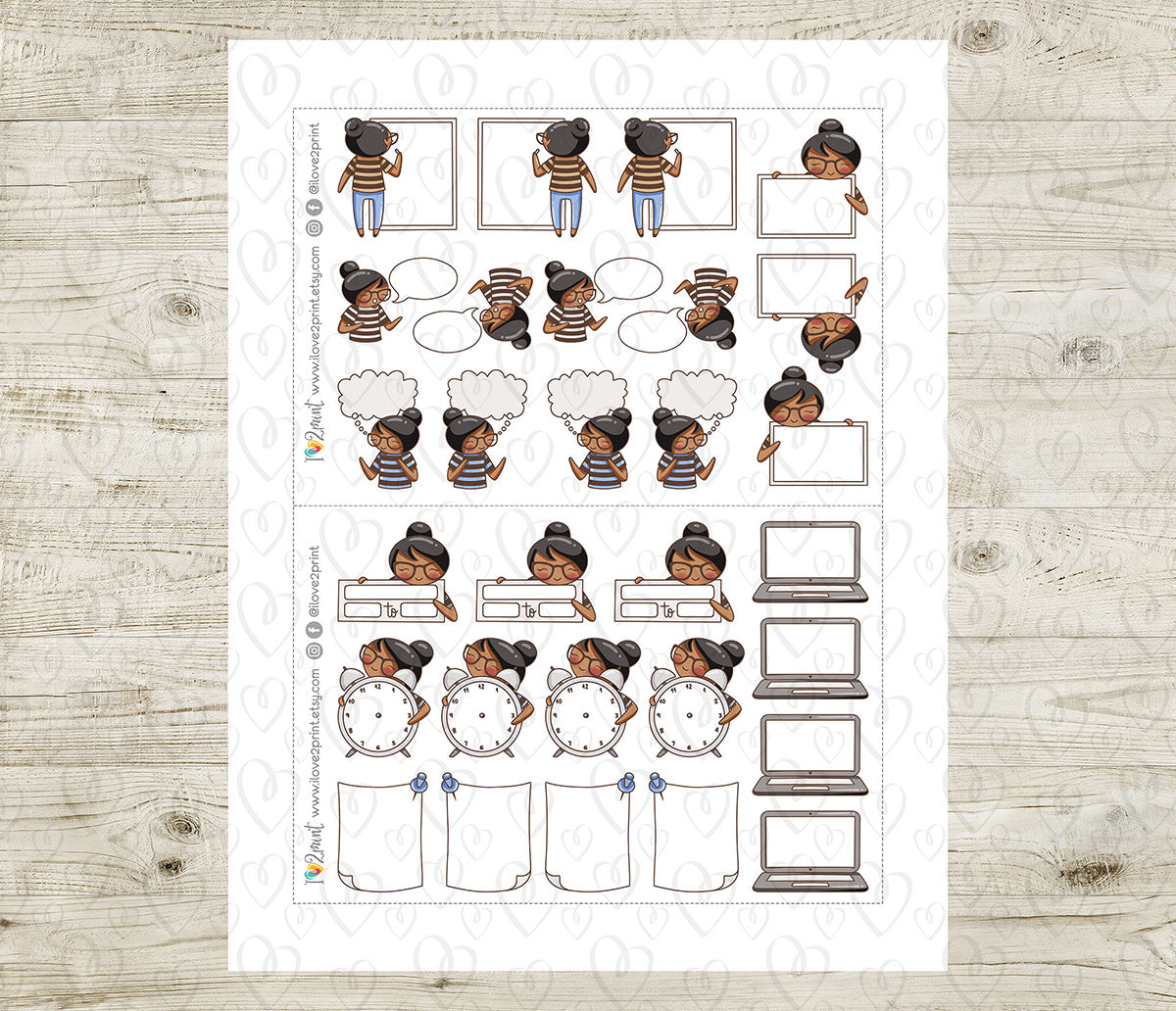 Elena Fill In Notes - Brown Skin & Black Hair Printable Planner Sticker - PDF & Cut Files
