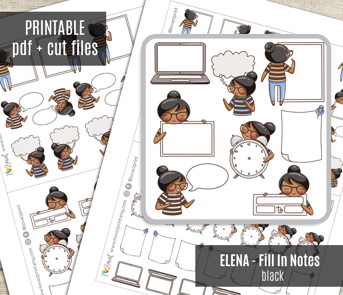 Elena Fill In Notes - Brown Skin & Black Hair Printable Planner Sticker - PDF & Cut Files
