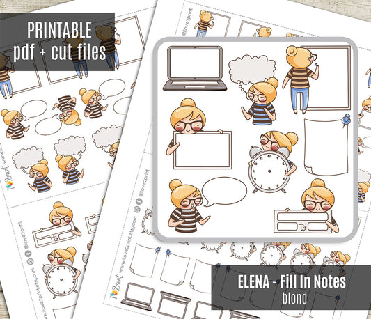Elena Fill In Notes - Fair Skin & Blond Hair Printable Planner Sticker - PDF & Cut Files