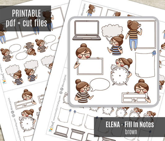 Elena Fill In Notes - Fair Skin & Brown Hair Printable Planner Sticker - PDF & Cut Files