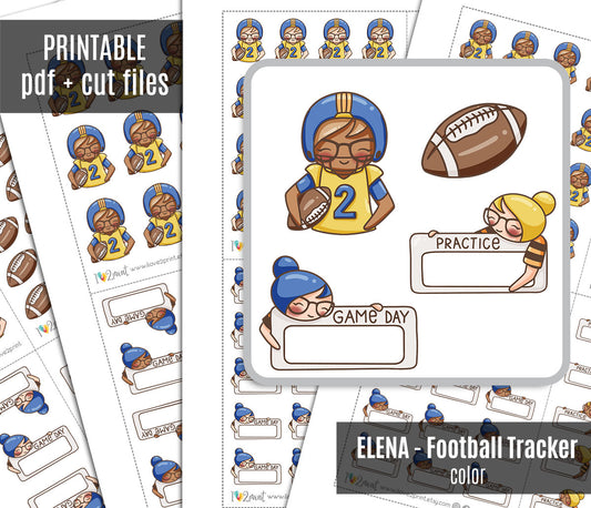 Elena Football Tracker – COLOR Printable Planner Stickers – Practice & Game Day – PDF + Cut Files