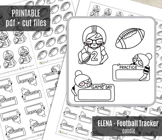 Elena Football Tracker – DOODLE Printable Planner Stickers – Practice & Game Day – PDF + Cut Files