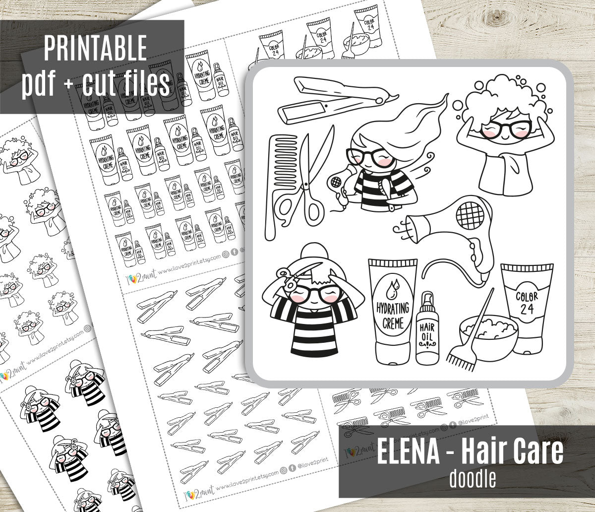 Elena Hair Care – Doodle Printable Stickers (PDF + Cut Files)