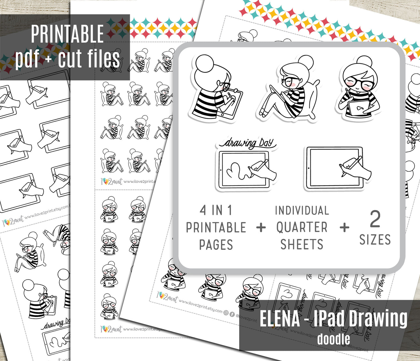 Elena iPad Drawing Light Skin Doodle Stickers | Digital Art | 2 Sizes | PDF Cut Files