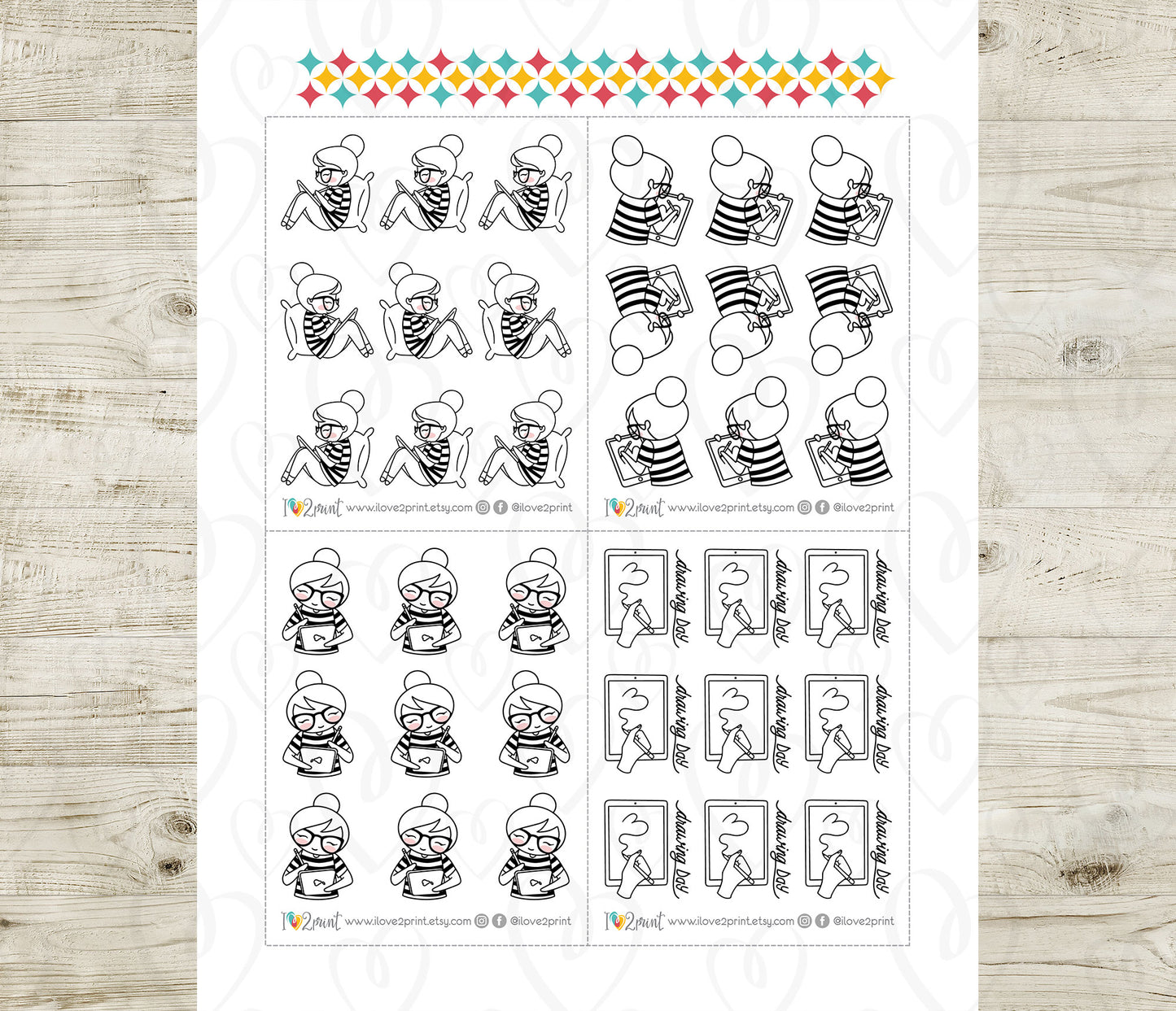 Elena iPad Drawing Light Skin Doodle Stickers | Digital Art | 2 Sizes | PDF Cut Files