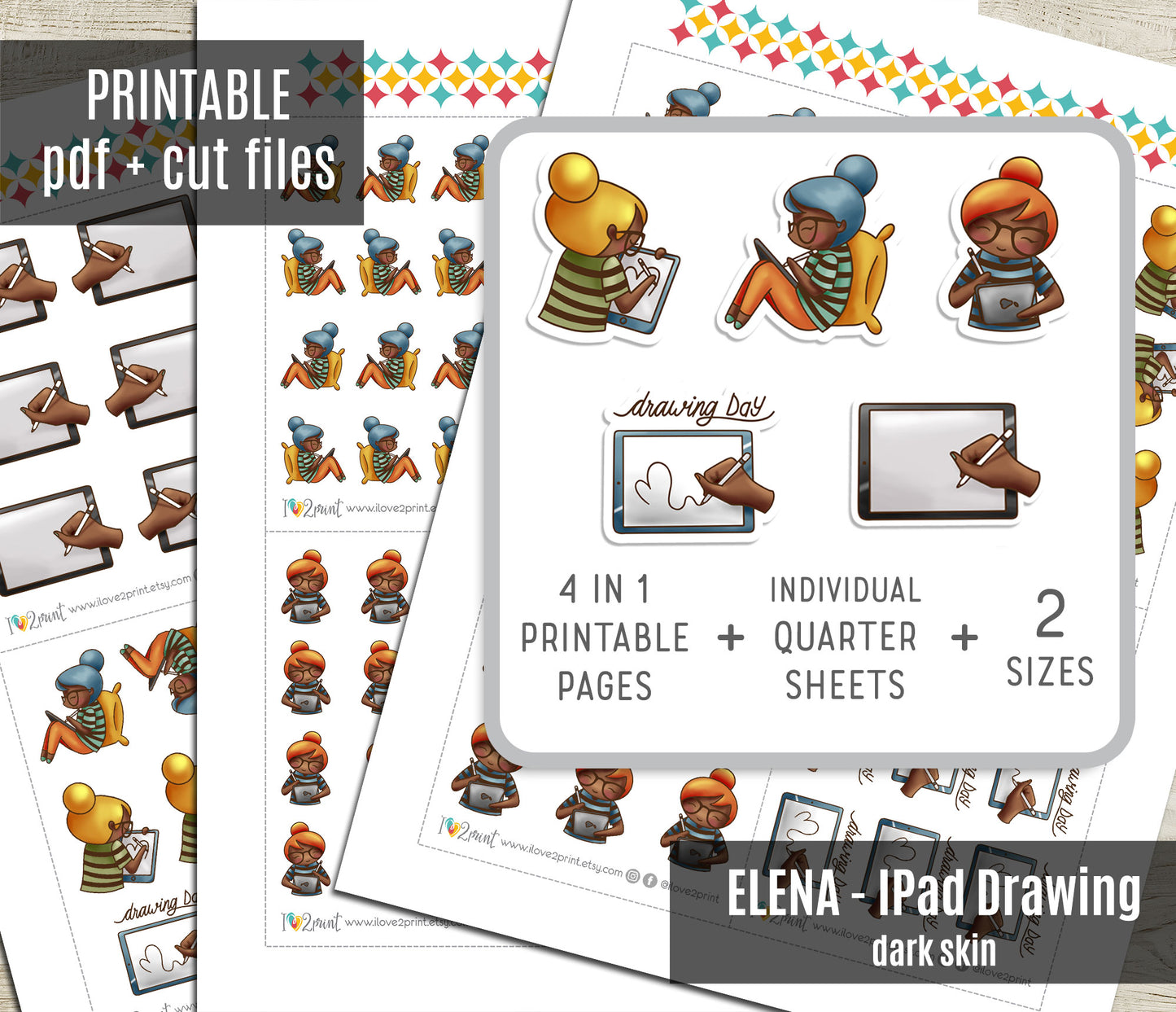 Elena iPad Drawing Brown Skin Doodle Stickers | Digital Art | 2 Sizes | PDF Cut Files