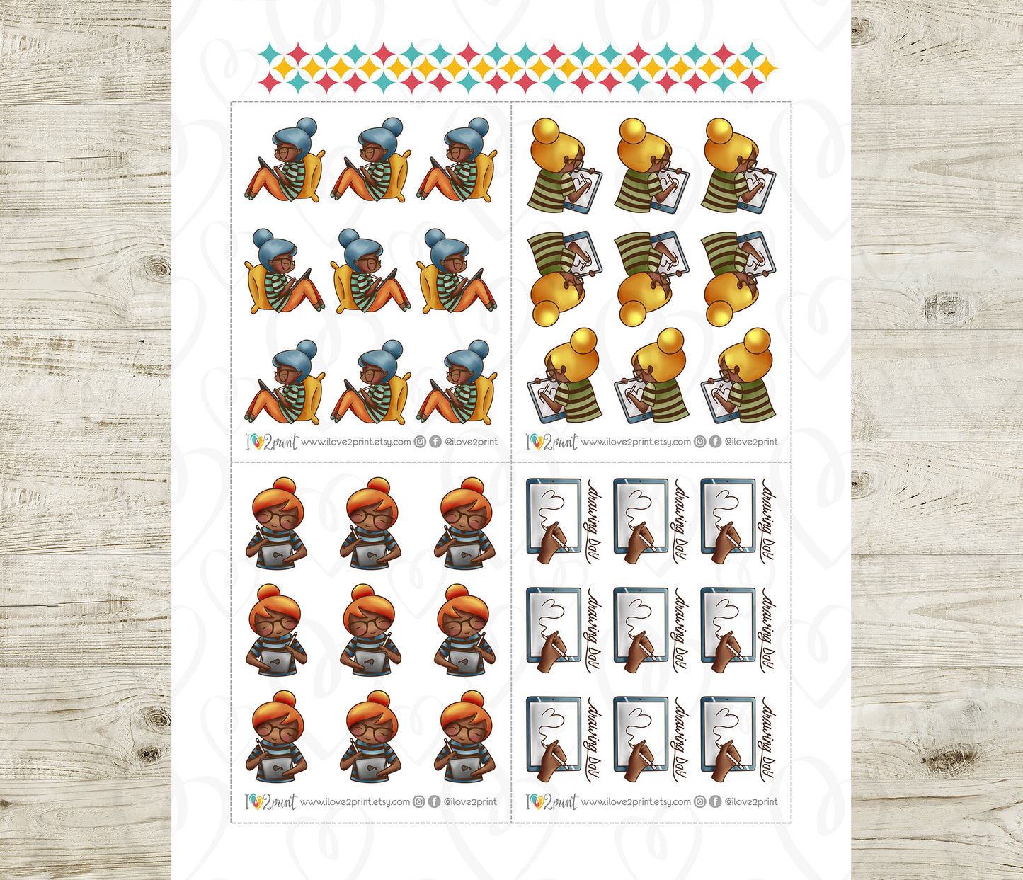 Elena iPad Drawing Brown Skin Doodle Stickers | Digital Art | 2 Sizes | PDF Cut Files
