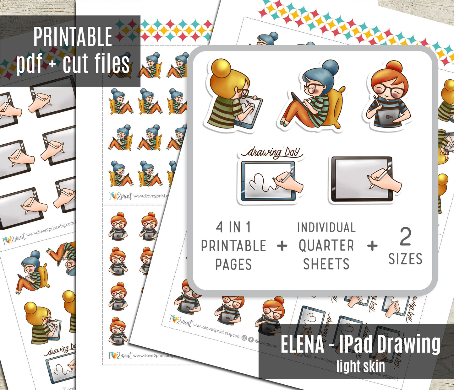 Elena iPad Drawing Light Skin Color Stickers | Digital Art | 2 Sizes | PDF Cut Files
