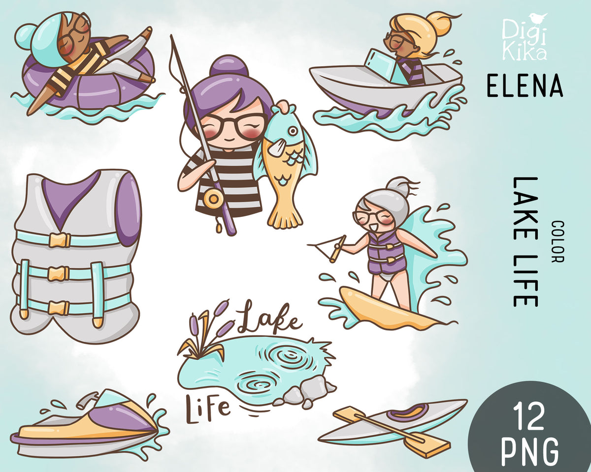 Elena Lake Life Hand Drawn Color Clipart | 2 Skin Tones | PNG Only