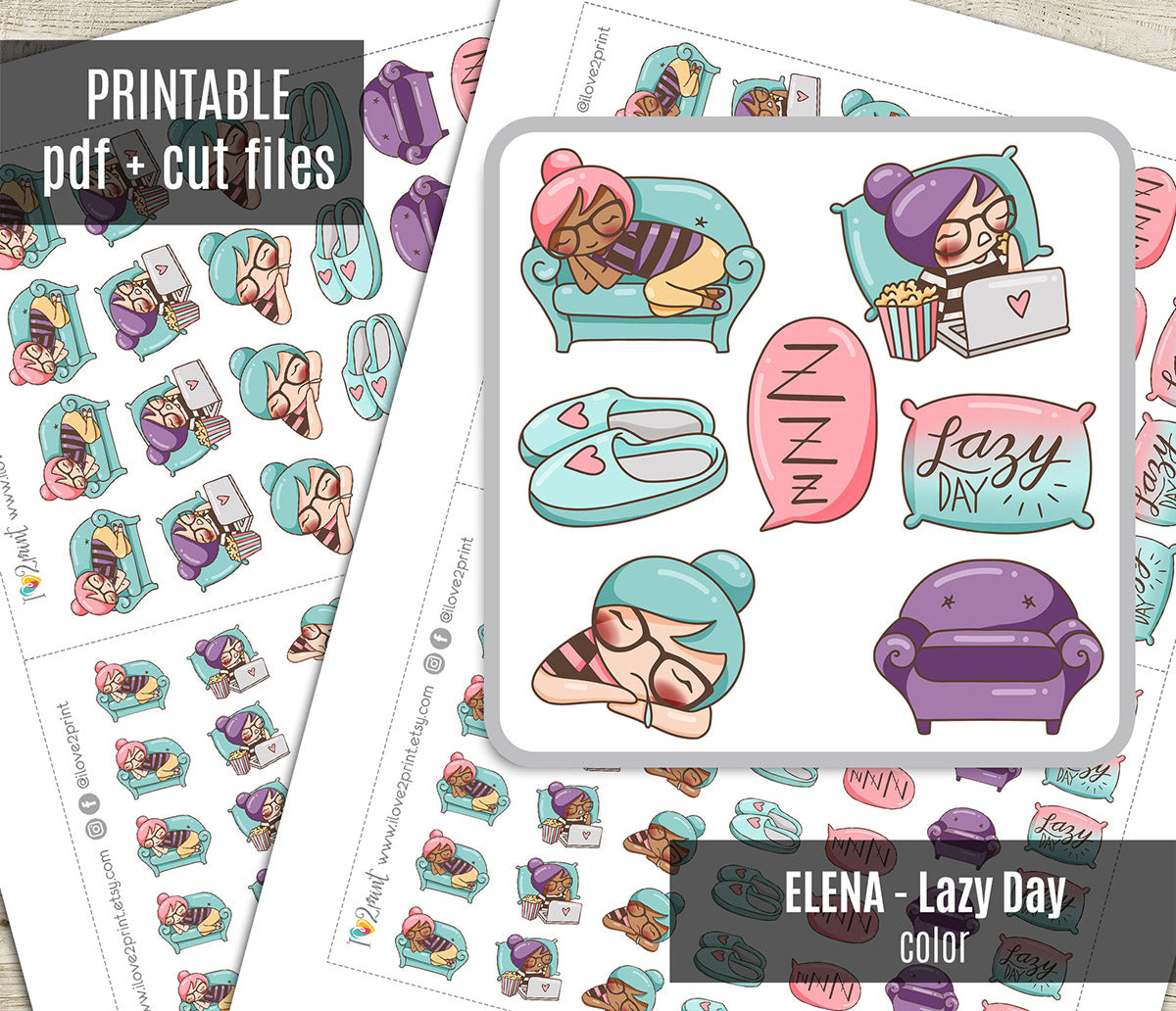 Elena Lazy Day - COLOR Printable Planner Sticker - PDF & Cut Files