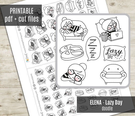 Elena Lazy Day - DOODLE Printable Planner Sticker - PDF & Cut Files