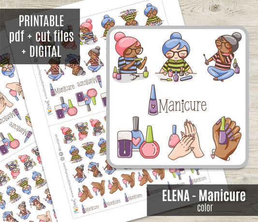 Elena Manicure Color Printable Stickers | 2 Skin Tones Nail Art | PDF Cut Files