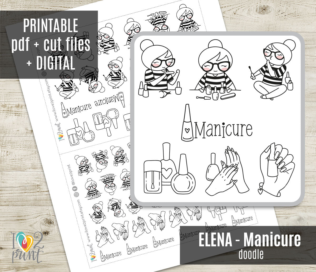 Elena Manicure Doodle Printable Planner Stickers | Outline Nail Art | PDF Cut Files
