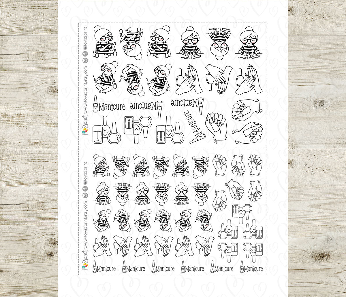 Elena Manicure Doodle Printable Planner Stickers | Outline Nail Art | PDF Cut Files