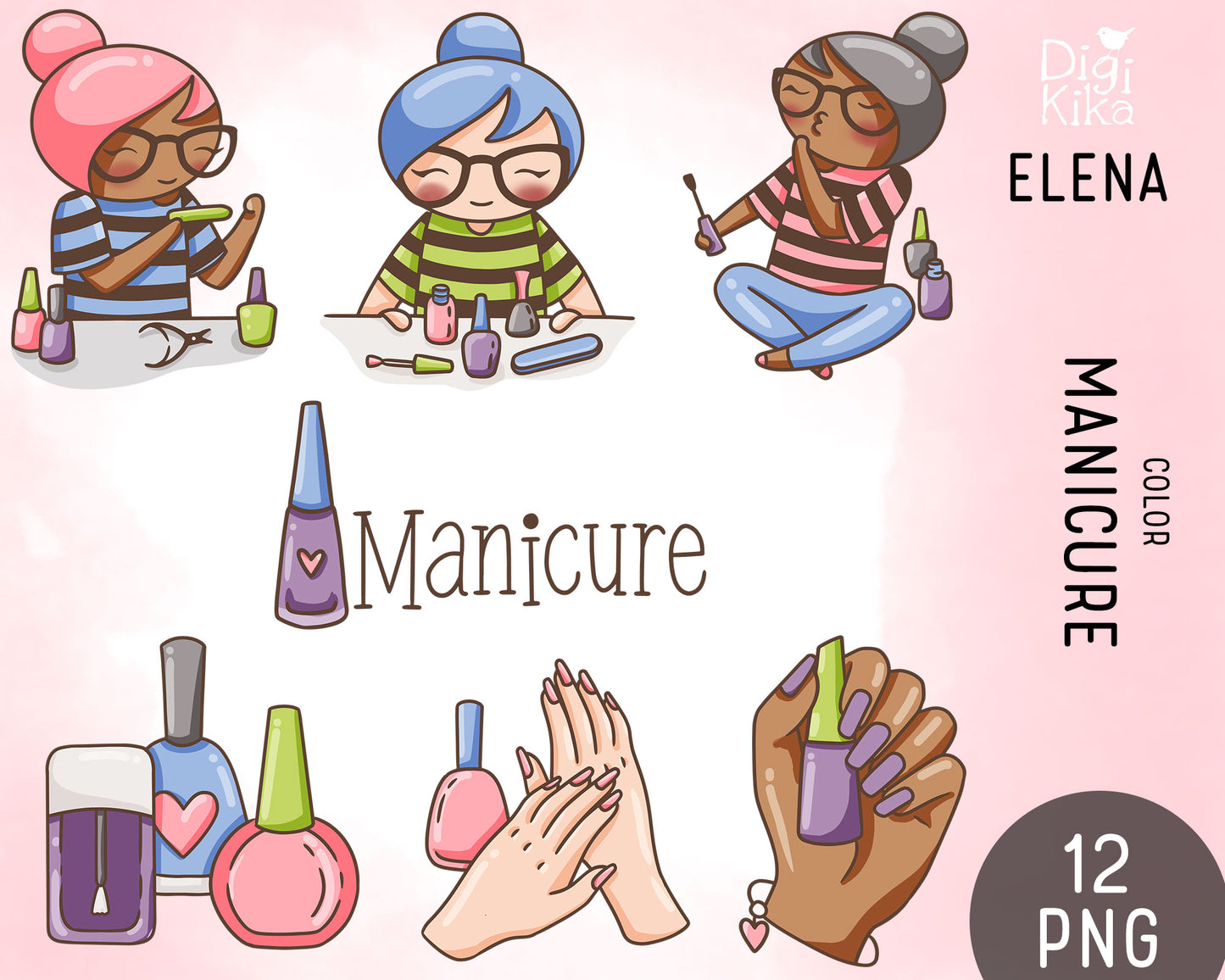 Elena Manicure Color Clipart | 2 Skin Tones Nail Art | PNG | Commercial Use | Inclusive