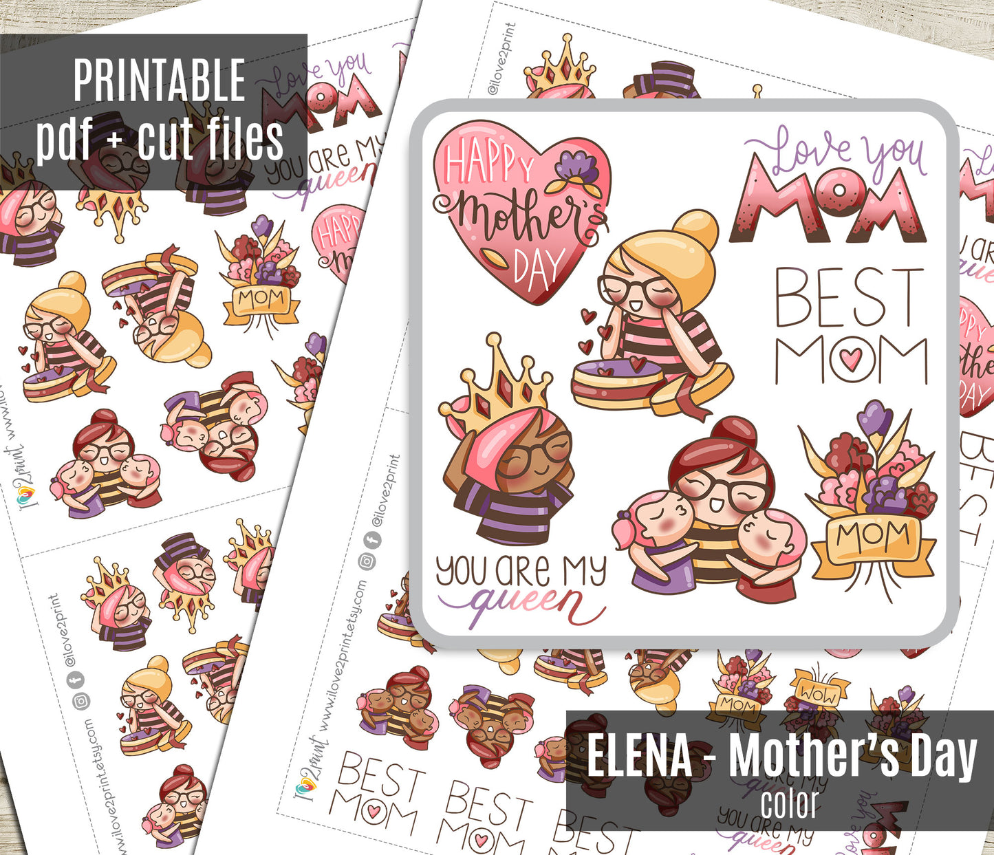 Mother's Day themed stickers with graphics and text on a white background.