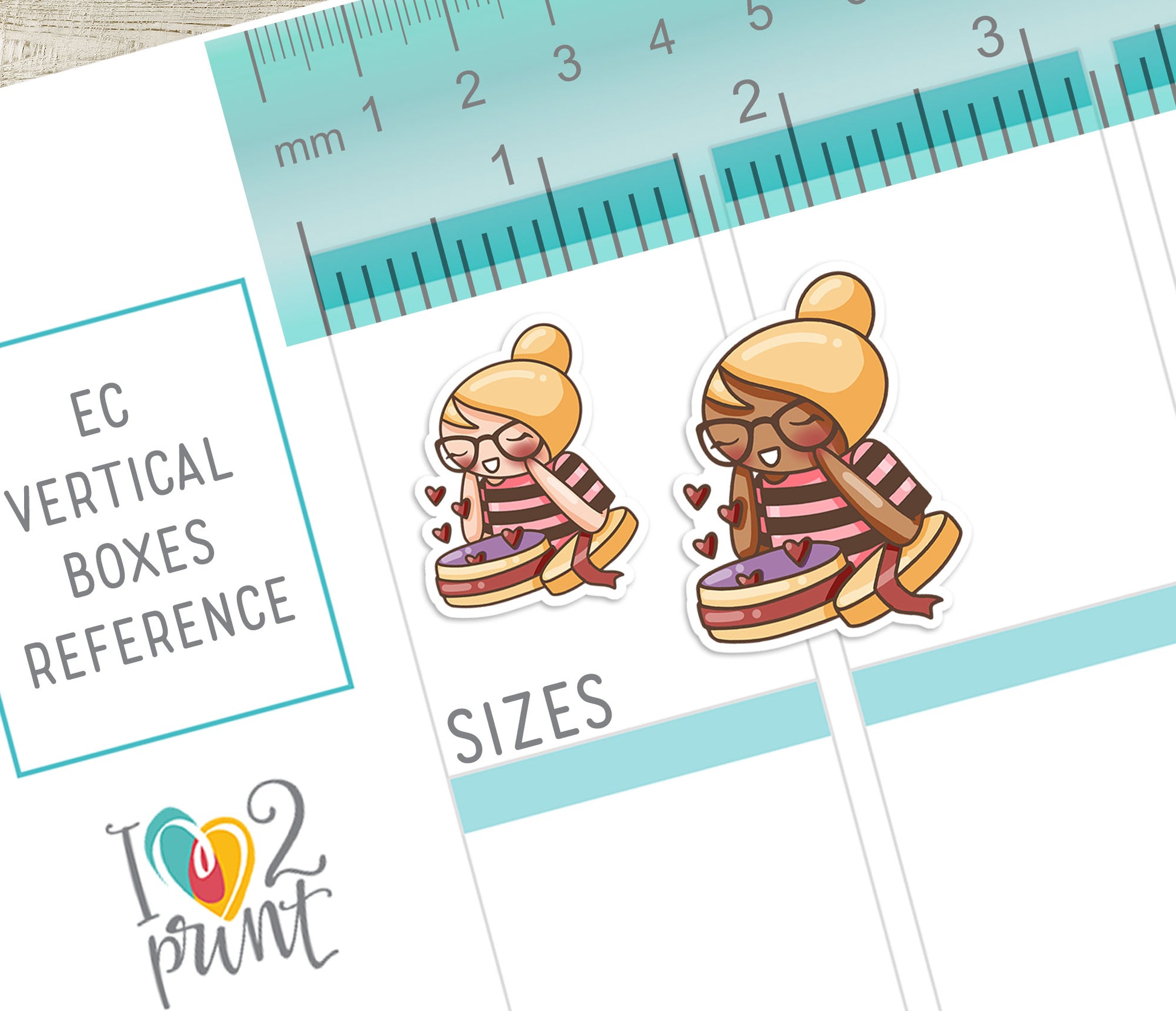 Illustration of a girl with glasses opening a chocolate box in a sheet with measurement tools.