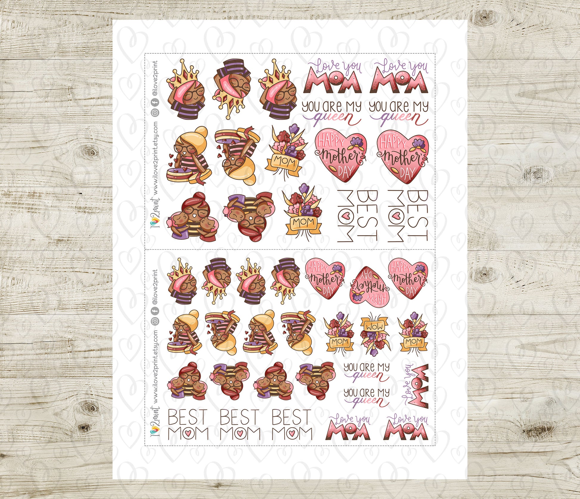 Sheet of decorative stickers with various mother's day designs on a wooden surface