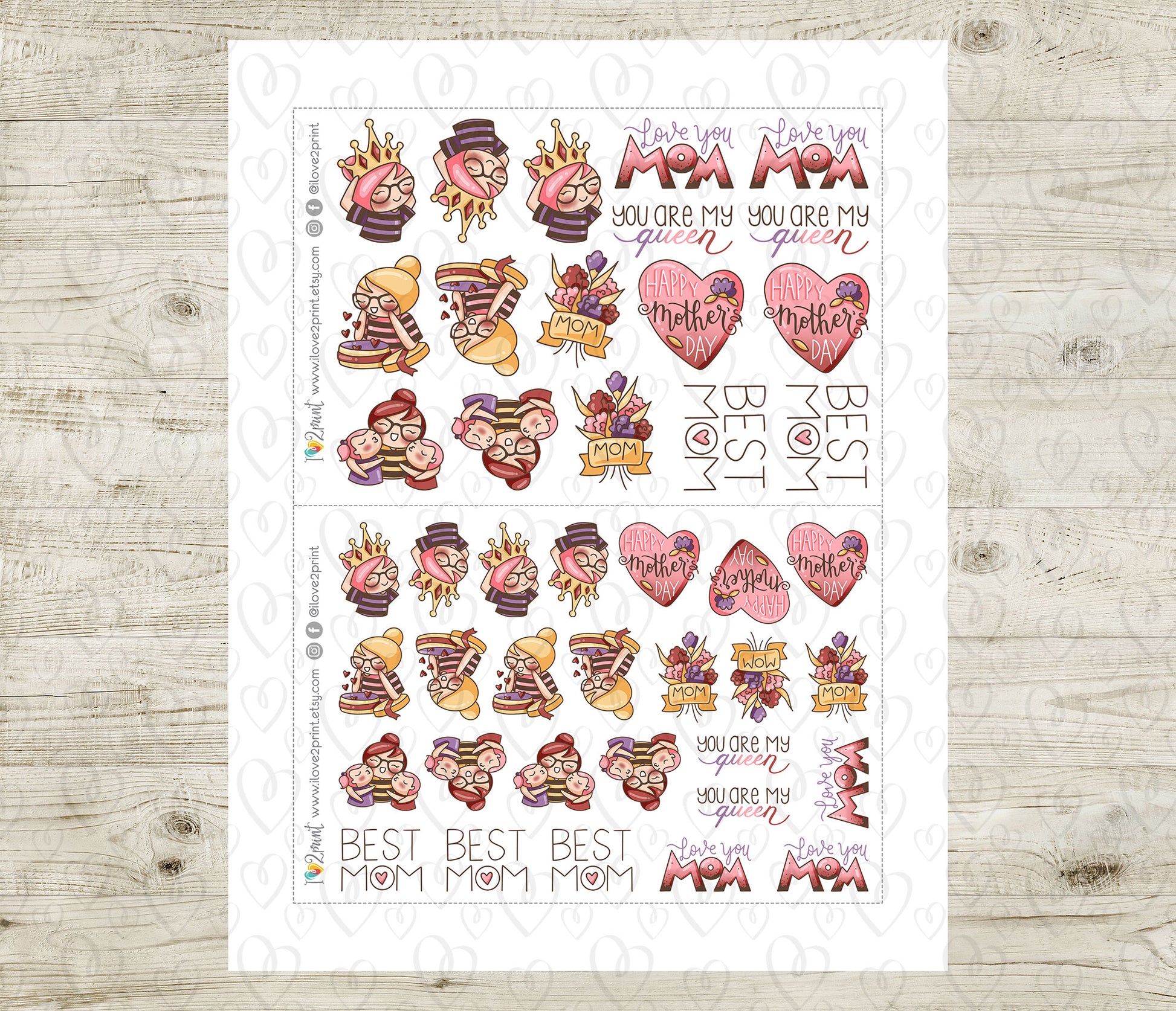 Sheet of decorative stickers with various designs on a wooden surface