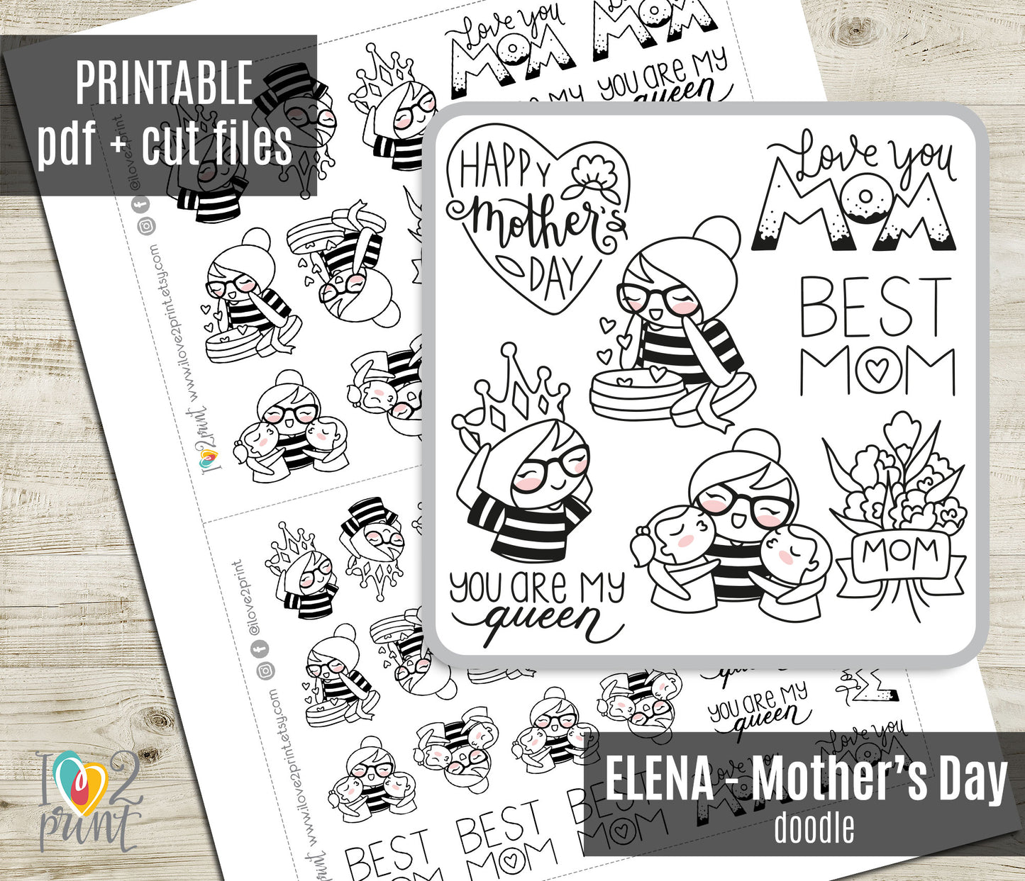 Mother's Day themed coloring pages with text and doodles on a wooden surface.