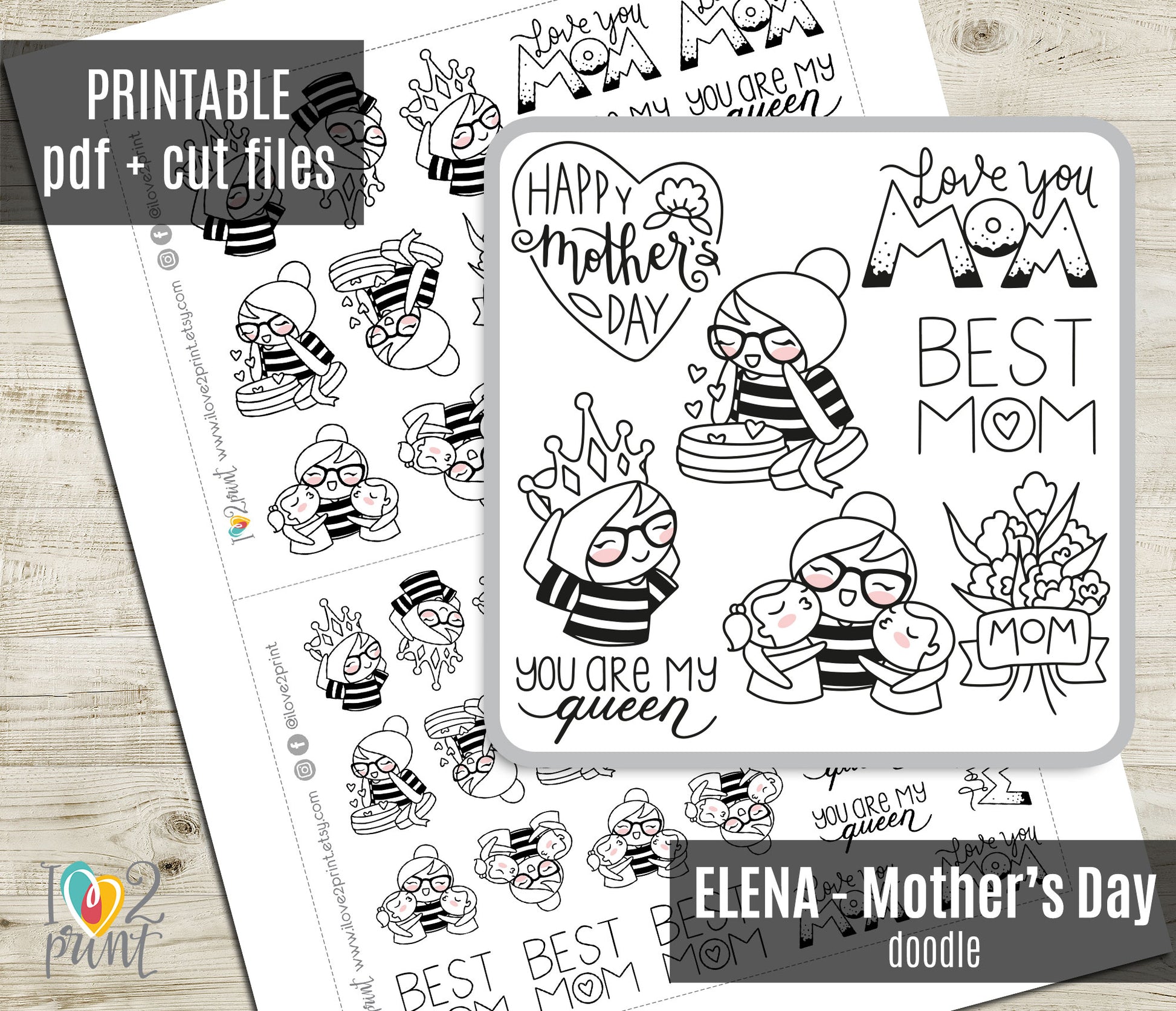 Mother's Day themed coloring pages with text and doodles on a wooden surface.