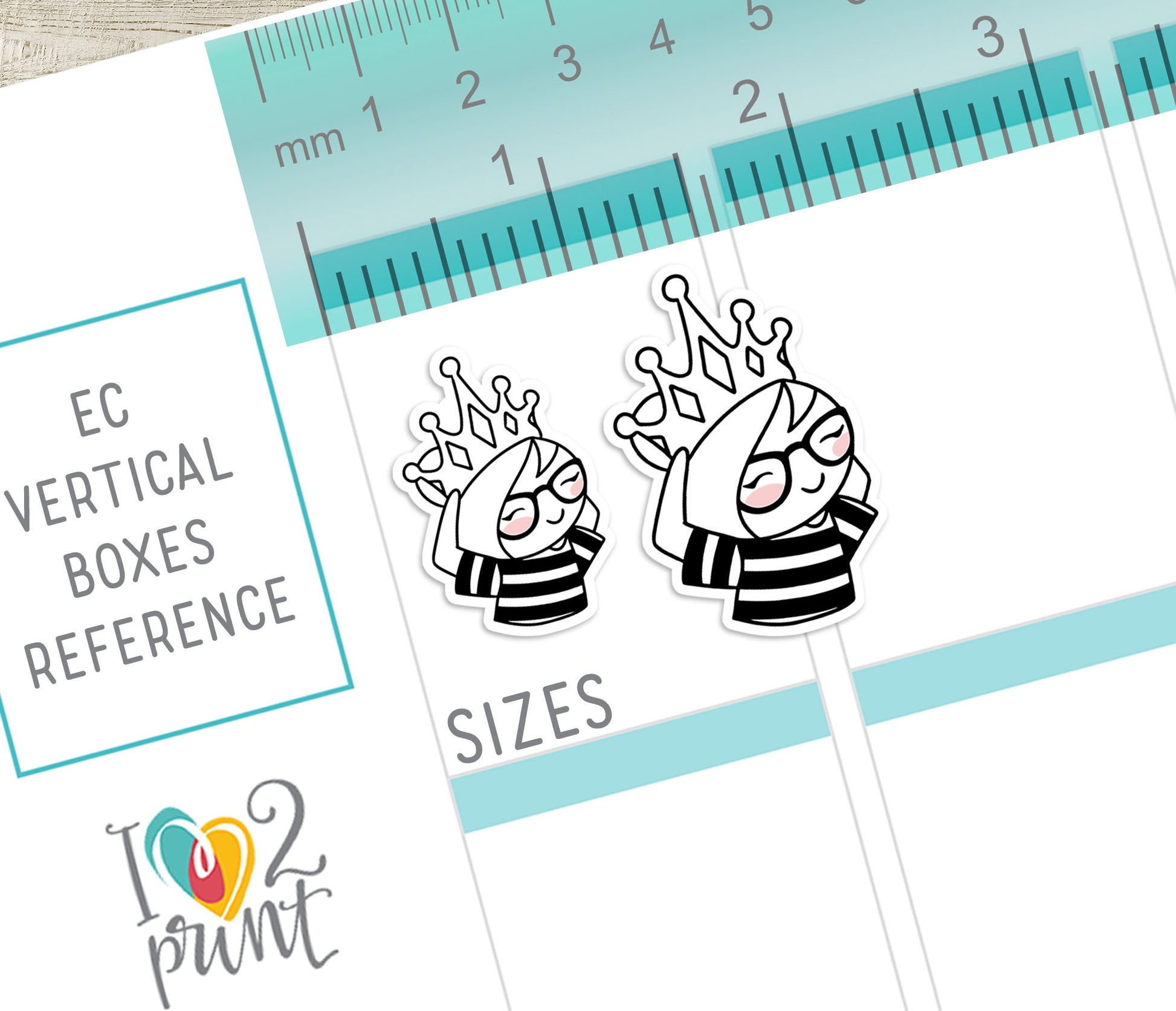 Illustrations of characters with crowns on a reference sheet with measurement tools.