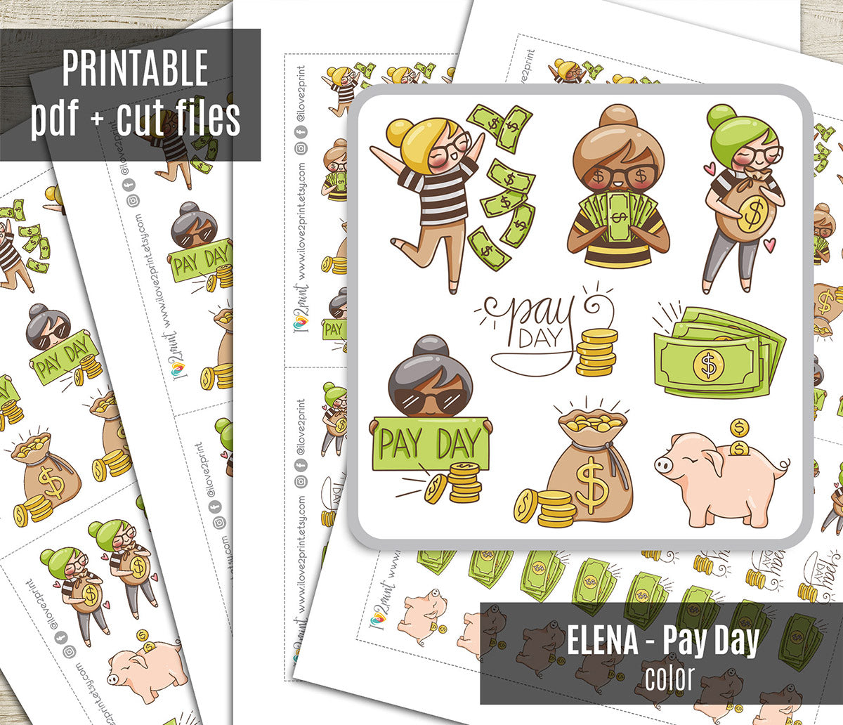 Elena Pay Day - COLOR Printable Planner Sticker - PDF & Cut Files