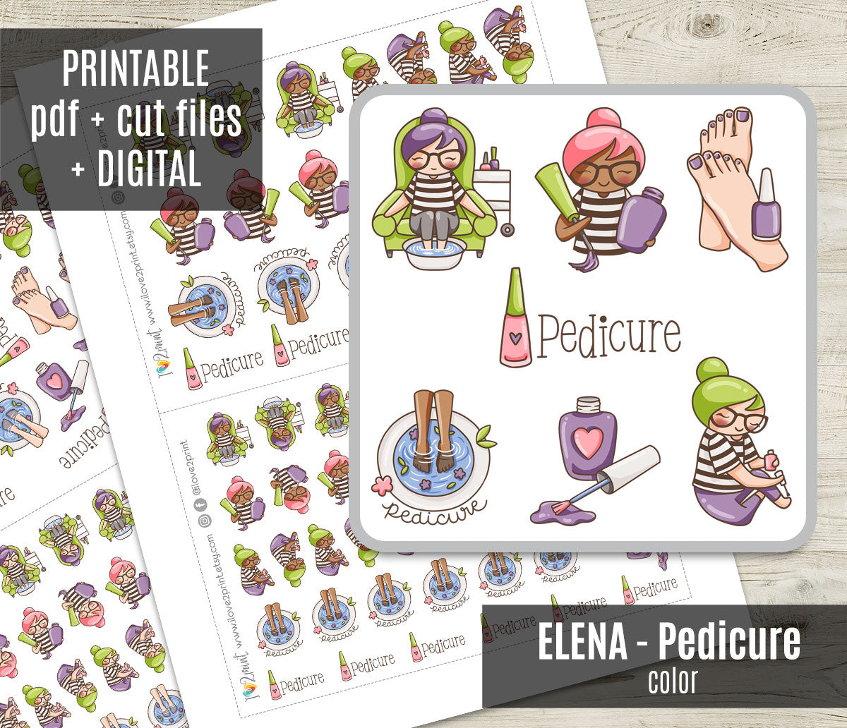 Elena Pedicure Color Printable Stickers | 2 Skin Tones Foot Spa | PDF Cut Files