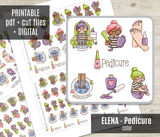 Elena Pedicure Color Printable Stickers | 2 Skin Tones Foot Spa | PDF Cut Files