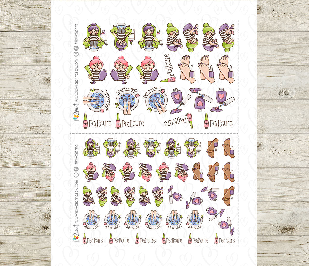 Elena Pedicure Color Printable Stickers | 2 Skin Tones Foot Spa | PDF Cut Files
