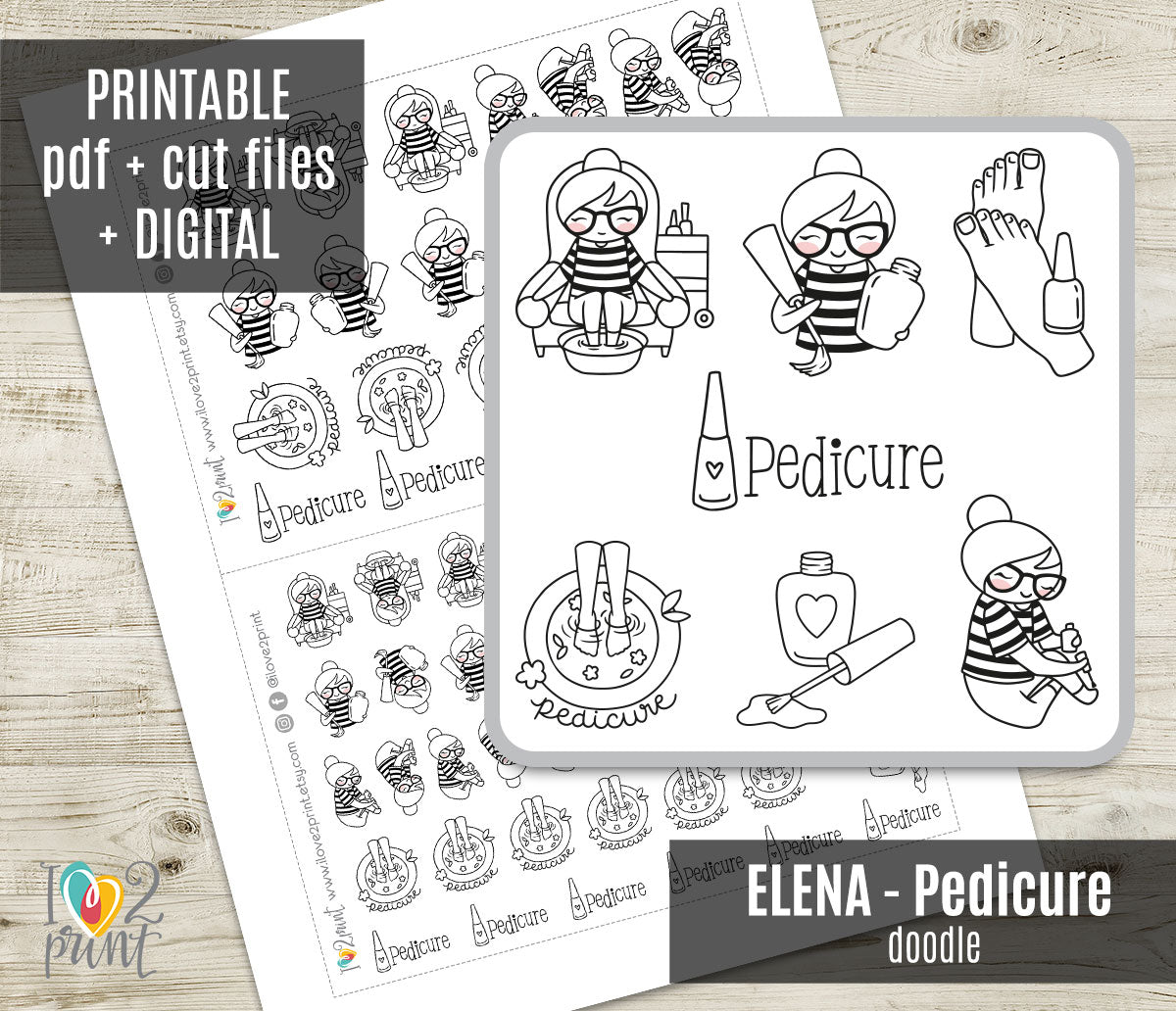 Elena Pedicure Doodle Printable Planner Stickers | Outline Foot Spa | PDF Cut Files