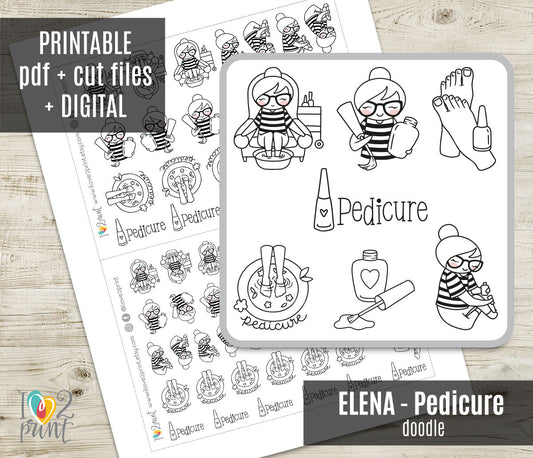 Elena Pedicure Doodle Printable Planner Stickers | Outline Foot Spa | PDF Cut Files