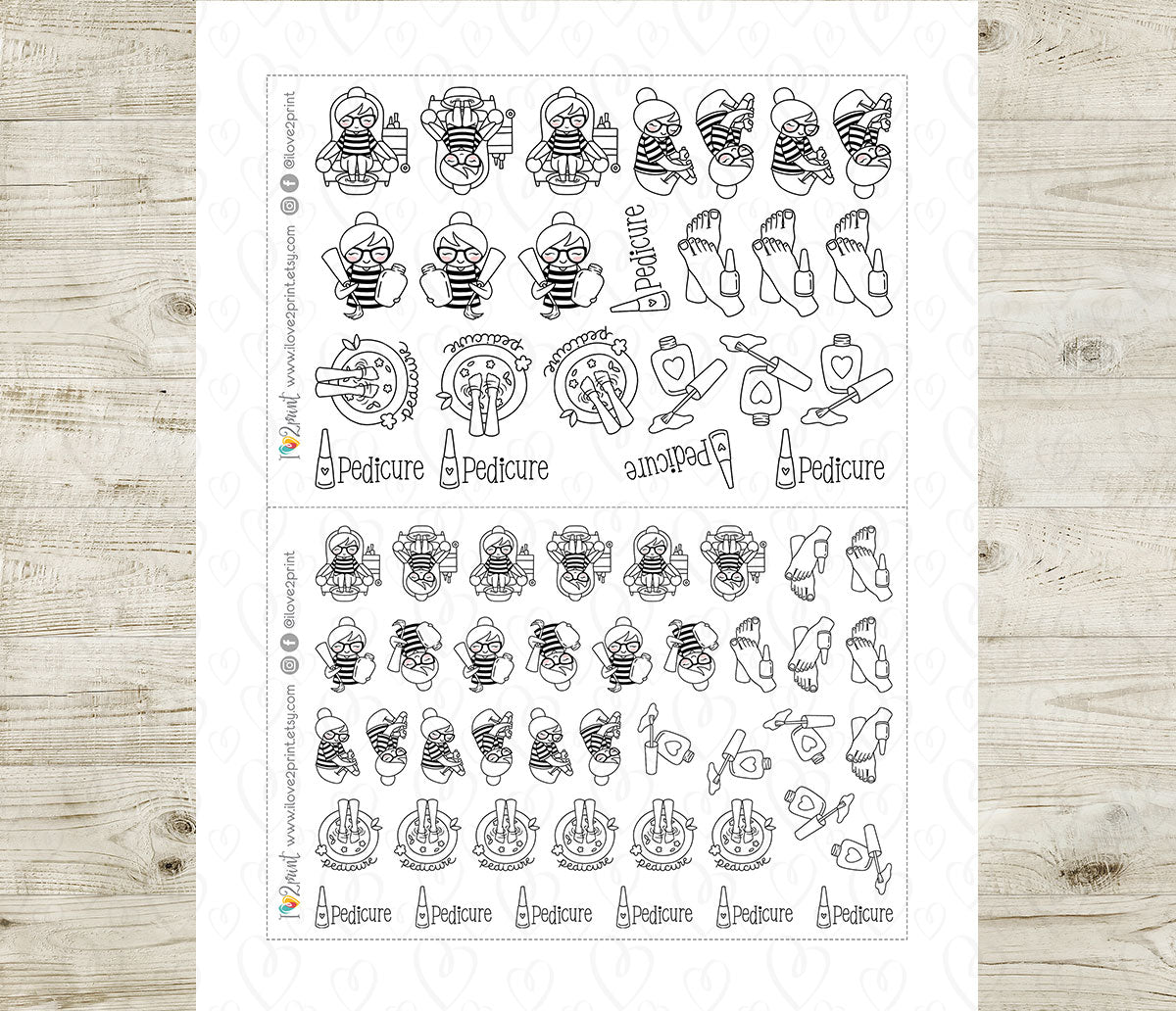 Elena Pedicure Doodle Printable Planner Stickers | Outline Foot Spa | PDF Cut Files