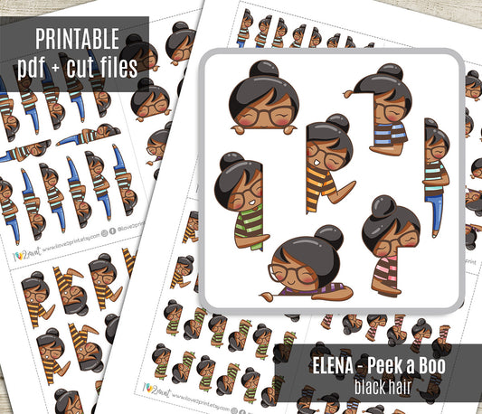 Elena Peek a Boo Printable Planner Sticker - Brown Skin & Black Hair - PDF & Cut Files