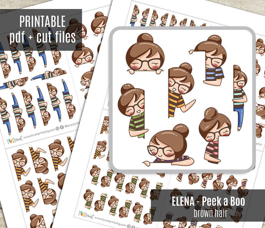 Elena Peek a Boo Printable Planner Sticker - Fair Skin & Brown Hair - PDF & Cut Files