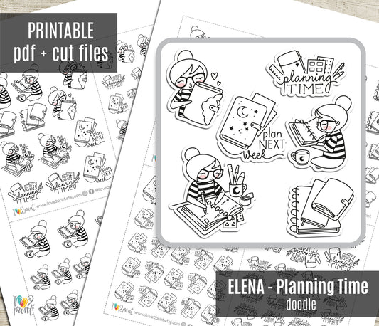 Elena Planning Next Doodle Printable Planner Stickers | Outline Planner Girl | PDF Cut Files Cricut