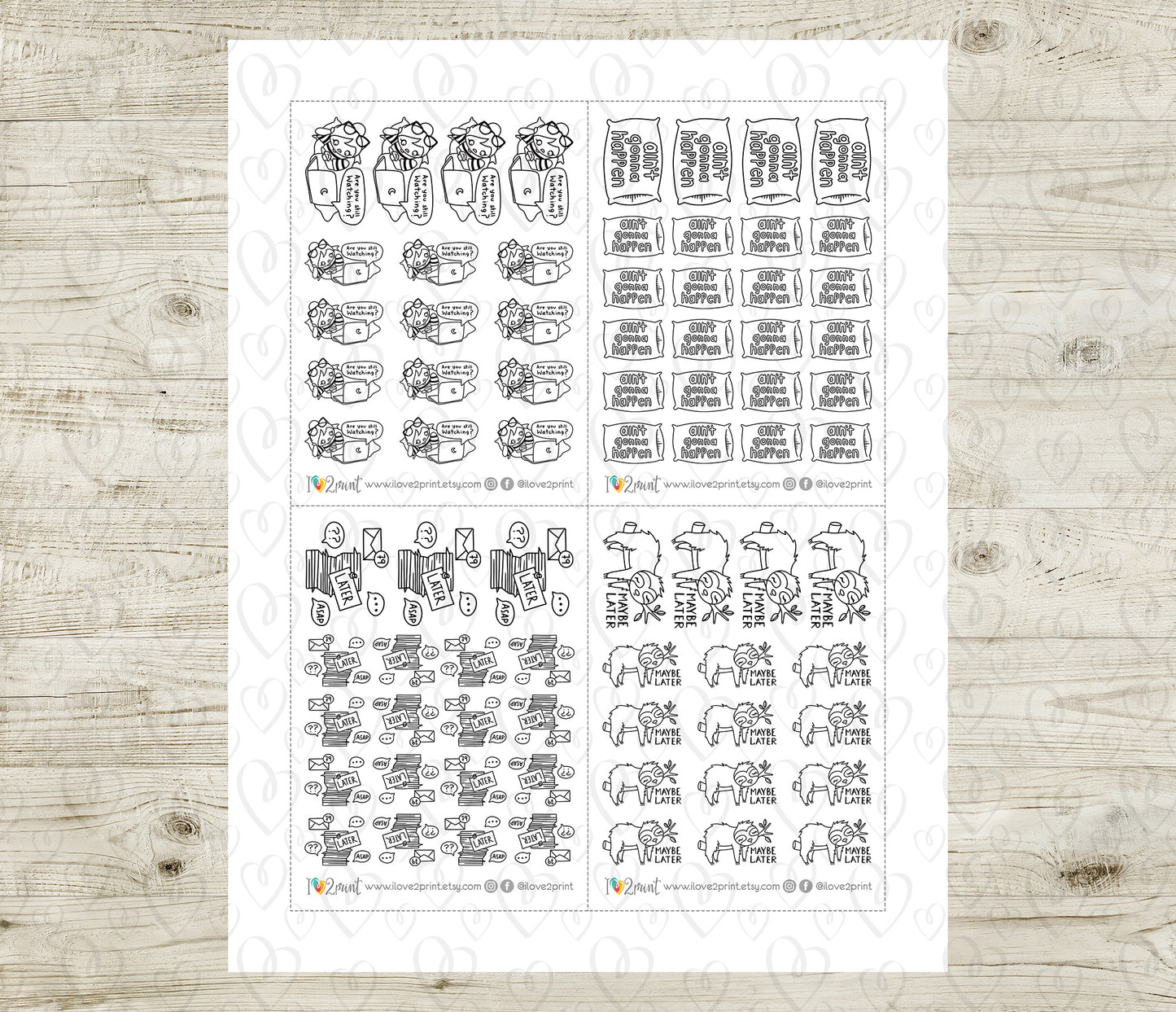 Sheet of planner stickers with various designs on a wooden surface