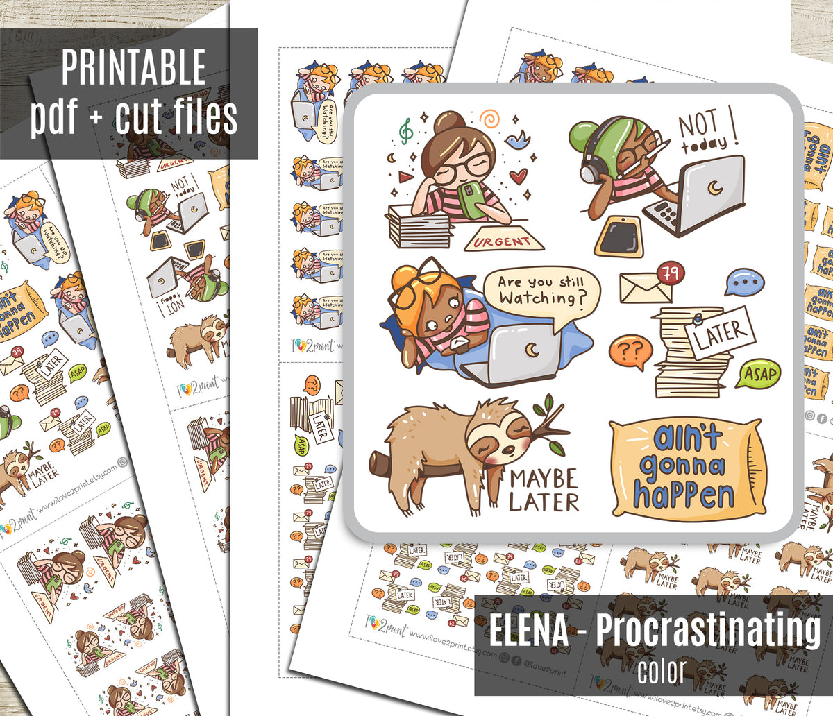 Procrastinate Sticker Elena Procrastinating Color Printable Planner Stickers | 2 Skin Tones ...
