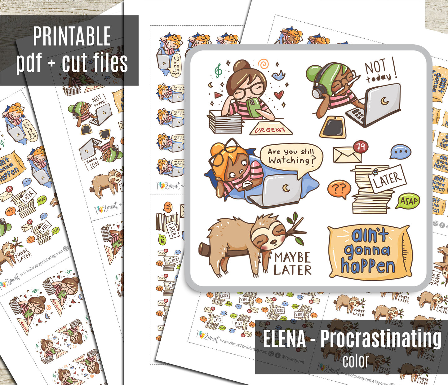 Sticker sheets with cartoon characters and text, labeled 'Elena - Procrastinating Color'.
