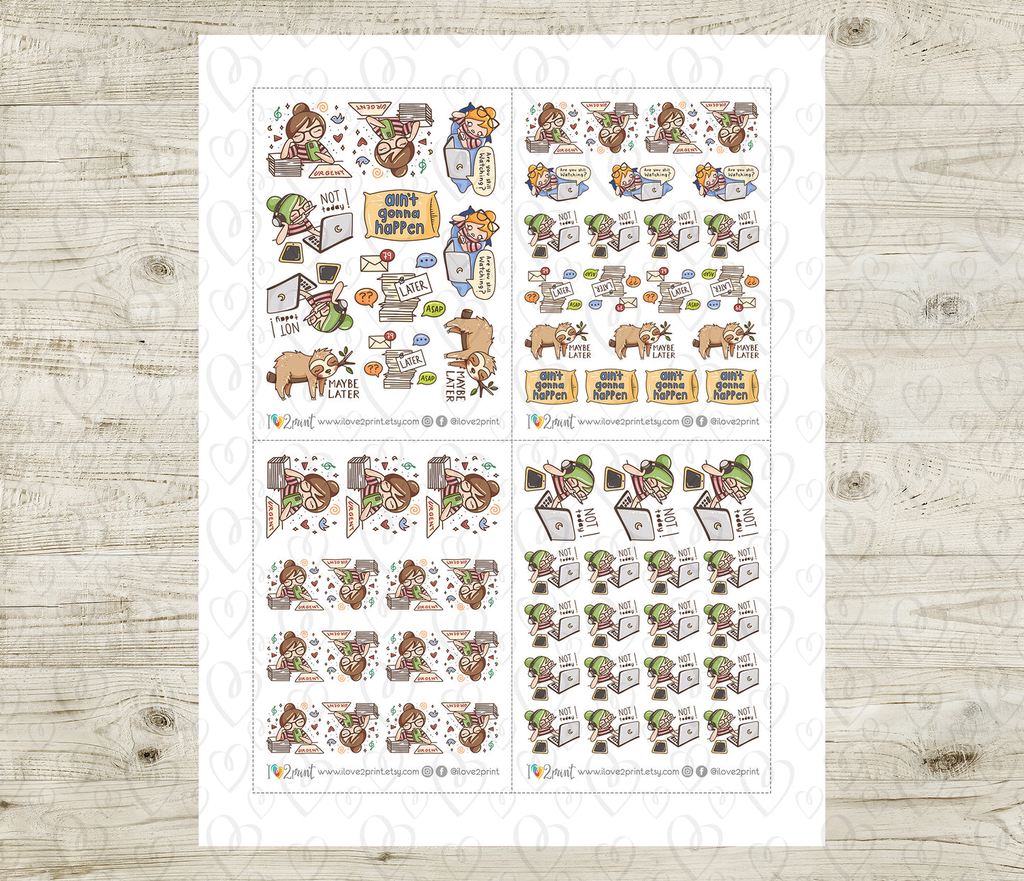 Sheet of illustrated stickers procrastinating on a wooden surface