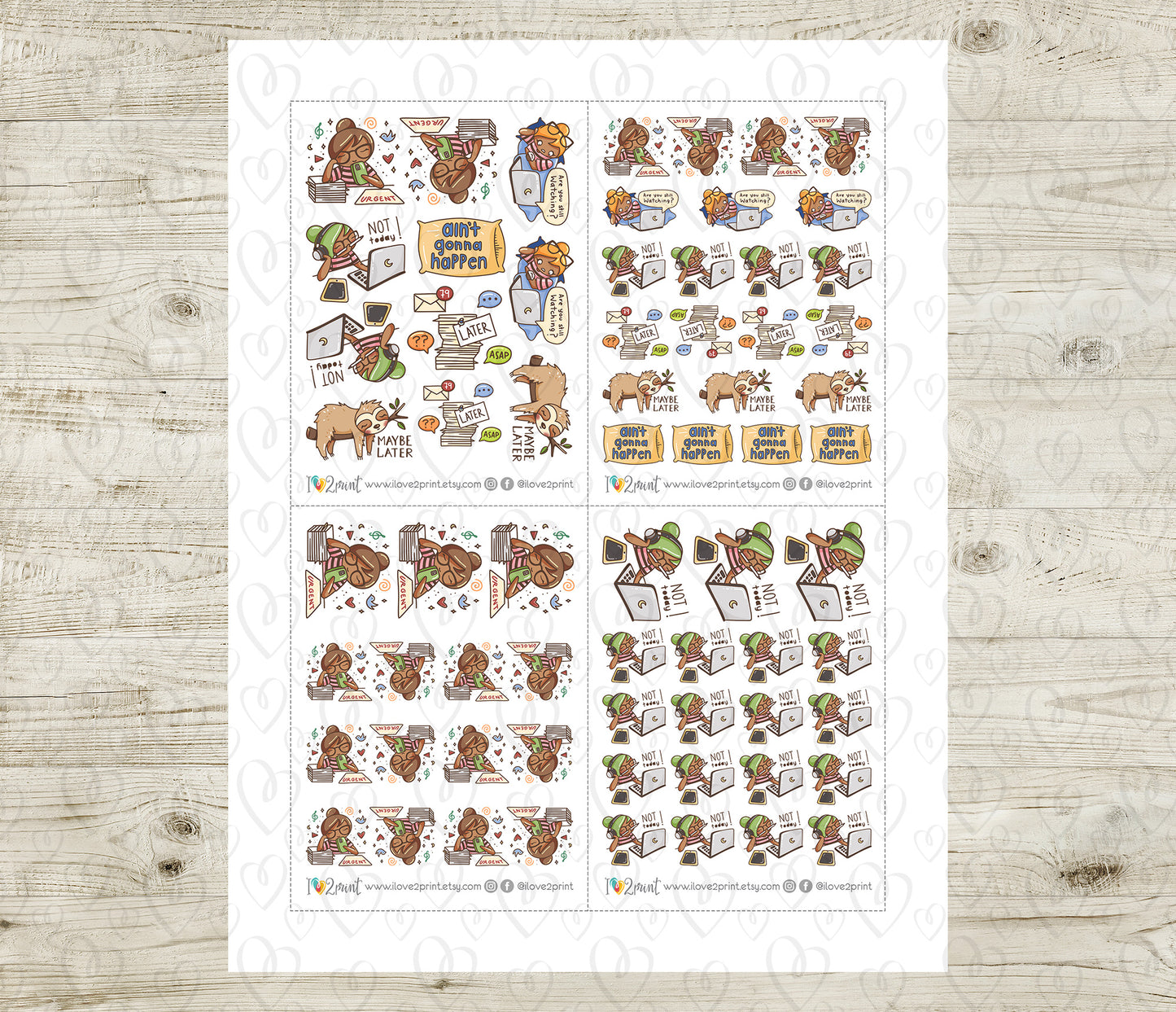 Sheet of stickers with cartoon characters on a wooden surface